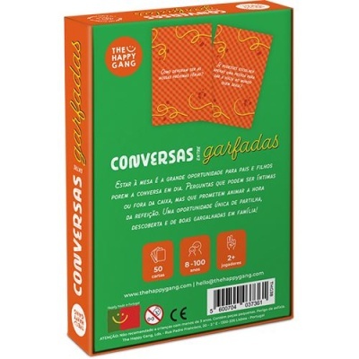 Embalagem do jogo de cartas 'Conversas com Garfadas' em verde e laranja