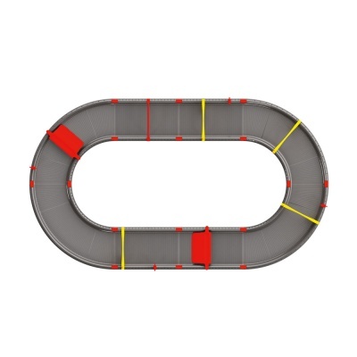 Pista de corrida oval cinzenta com carros vermelhos