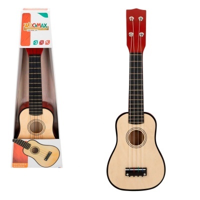 guitarra de brinquedo em madeira clara com braço vermelho