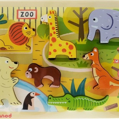 Puzzle de madeira com animais do zoológico em cores vibrantes