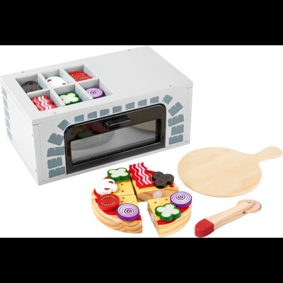 Brinquedo de cozinha em madeira com forno e pizza colorida.