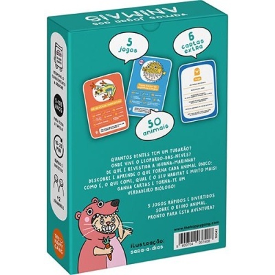 Embalagem de jogo educativo sobre animais com ilustrações e texto em português