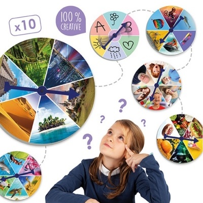 Discos giratórios coloridos com imagens variadas para crianças e texto '100% CREATIVE' e 'x10'