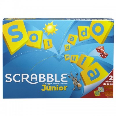 Caixa do jogo Scrabble Júnior com design azul e amarelo e texto destacado