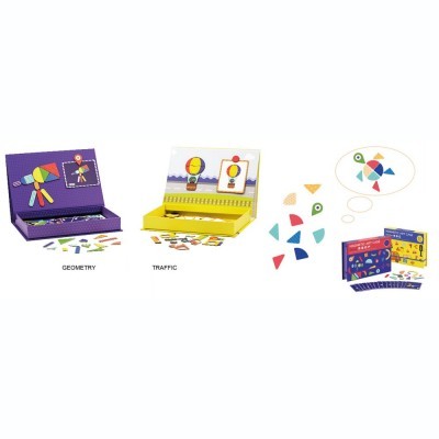 Jogos educativos com peças geométricas coloridas em caixas amarelas e roxas e embalagem azul_amarela.