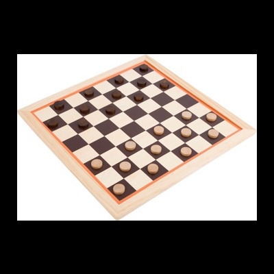 Tabuleiro de jogo de damas em madeira com peças redondas claras e escuras