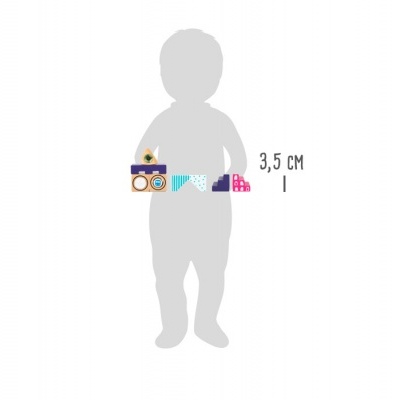 Pulseira colorida infantil com contas em madeira e silhueta de criança cinzenta.