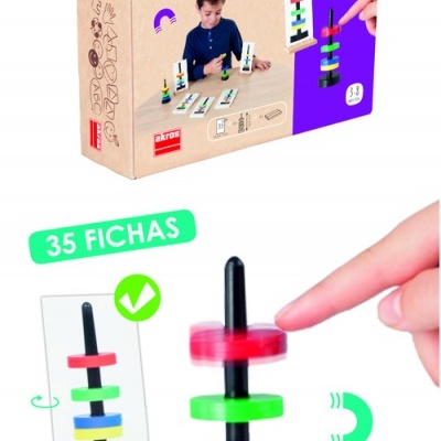 Jogo empilhável magnético colorido com base preta e embalagem de cartão com alça roxa