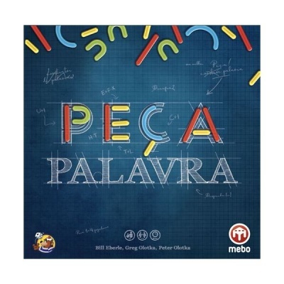 Capa do jogo de tabuleiro PEÇA PALAVRA com letras coloridas e desenhos técnicos no fundo