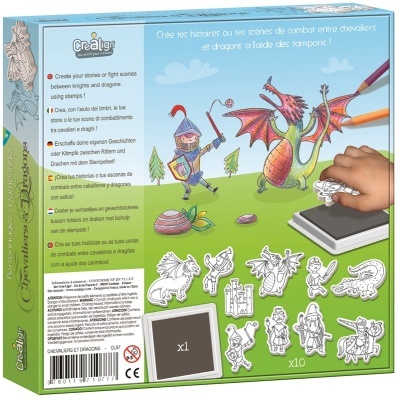 Caixa de conjunto para carimbos com cavaleiros e dragões, inclui carimbos a preto e branco e almofada.