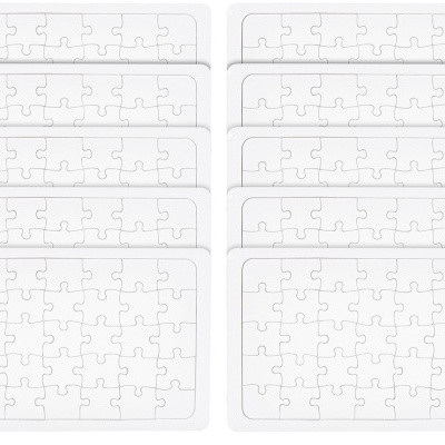 Dez puzzles de cartão branco com 30 peças cada, organizados em duas colunas sobre fundo branco