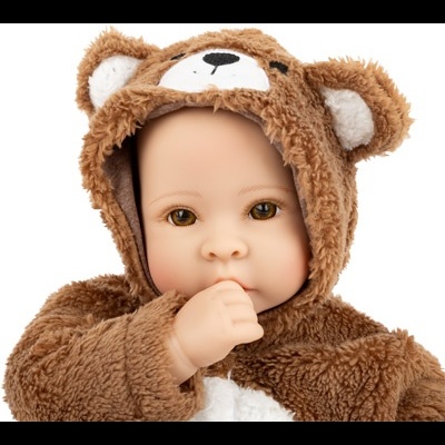 Boneco bebé vestido com fato de urso castanho de pelúcia