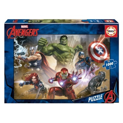 Caixa de puzzle Marvel Avengers com 1000 peças e imagens dos Avengers.