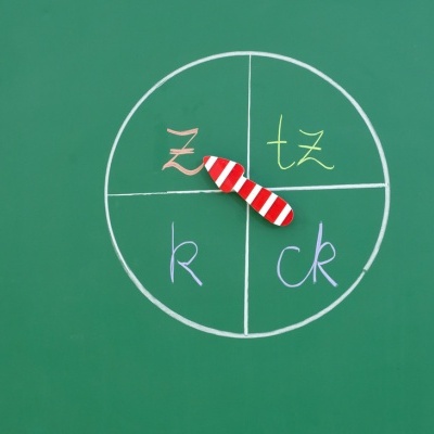 Roda giratória educativa com quatro secções no quadro verde.