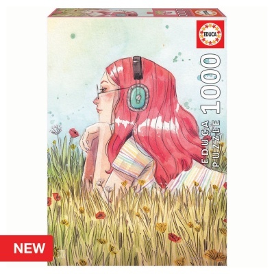 Caixa de puzzle EDUCA 1000 peças com ilustração de mulher de cabelo rosa e headphones