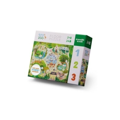 Quebra-cabeça de chão colorido com tema de zoo para crianças na embalagem.