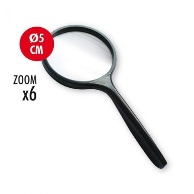 Lupa preta com lente redonda, indica Ø5 CM e zoom x6