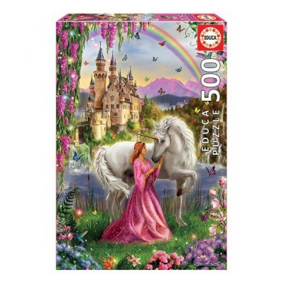 Caixa de puzzle EDUCA 500 peças com castelo, mulher e cavalo branco em cenário colorido