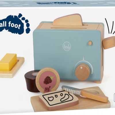 Brinquedo de torradeira de madeira azul clara com alimentos de madeira e embalagem