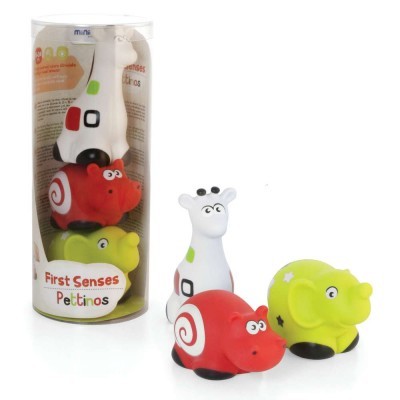 Conjunto de brinquedos de animais coloridos em embalagem cilíndrica transparente.