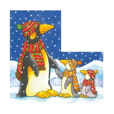 Ilustração de três pinguins com gorros e cachecóis em ambiente nevado