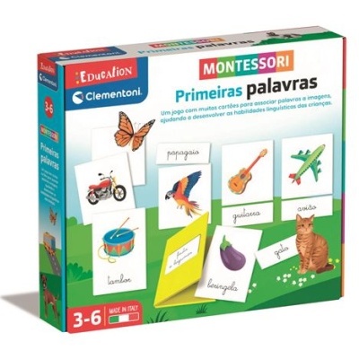 Caixa do jogo educativo Montessori Primeiras palavras com imagens coloridas de objetos e animais para crianças