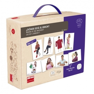 Caixa de jogo educativo com cartas para identificar erros, embalagem com alça azul e texto multilíngue