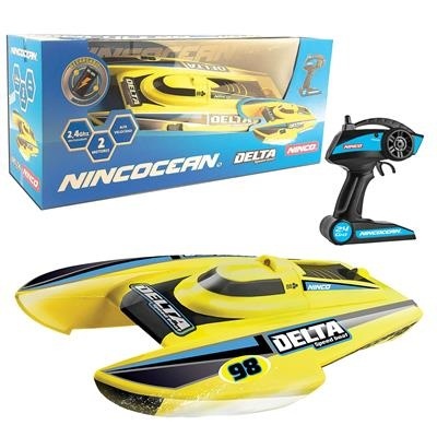 Barco de corrida amarelo com comando remoto e embalagem azul
