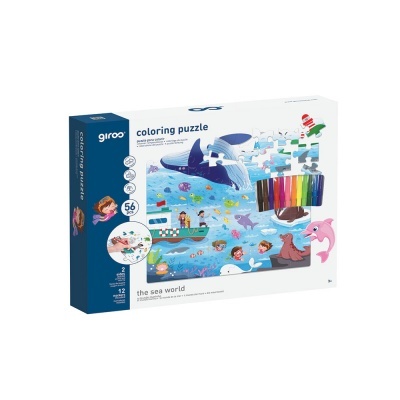 Caixa de puzzle para colorir com tema oceano e marcadores coloridos