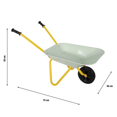 Carrinho de mão cinzento com estrutura amarela e roda preta em fundo branco