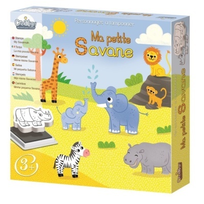 Caixa de carimbos com figuras de animais da savana para crianças 3+