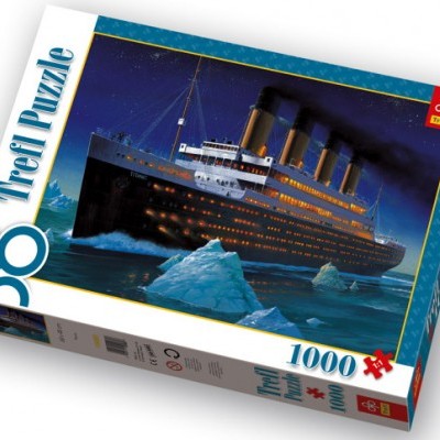 Caixa de puzzle Trefl 1000 peças com imagem de navio e icebergs à noite