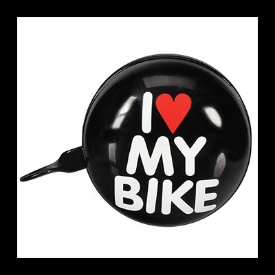 Campainha preta de bicicleta com texto colorido e alavanca para toque