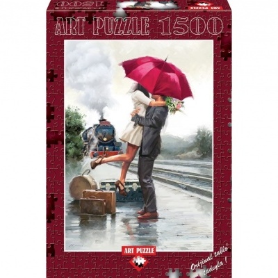 Caixa de quebra-cabeças ART PUZZLE 1500 peças com imagem de casal beijando-se sob guarda-chuva vermelho numa estação de comboios.
