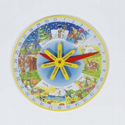 Calendário redondo colorido com dias do mês, cenas sazonais e dias da semana em etiquetas amarelas