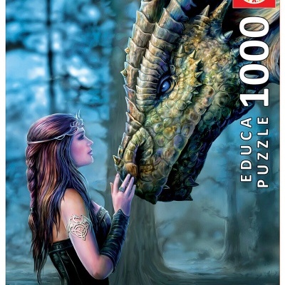 Caixa de puzzle com ilustração de mulher e dragão numa cena fantástica.