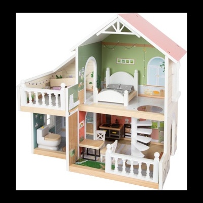 Casa de bonecas de madeira com móveis e varandas