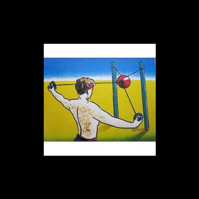 Mural de homem a usar máquina de exercícios contra fundo azul e amarelo