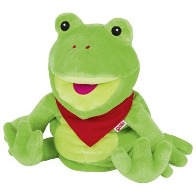 Boneco de peluche em forma de rã verde com lenço vermelho