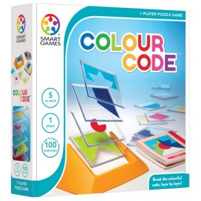Caixa do jogo de puzzle COLOUR CODE da SMART GAMES com peças coloridas e base laranja