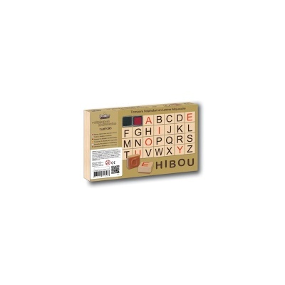Jogo de tabuleiro letra alfabeto em madeira com caixa bege