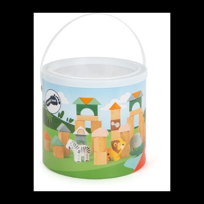 Recipiente plástico com blocos de madeira e animais coloridos ilustrados.