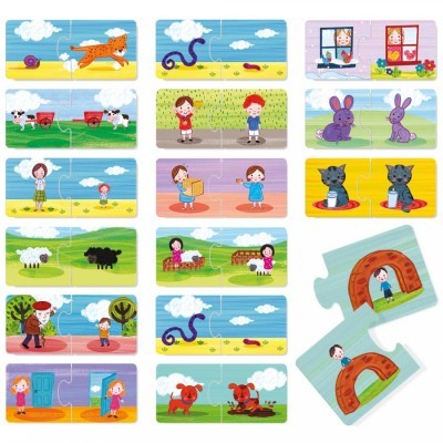 Vários puzzles infantis coloridos com animais e crianças.