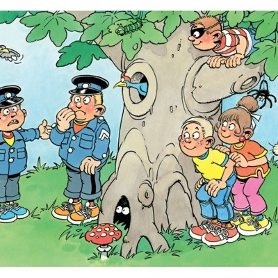 Ilustração a cores de evento ao ar livre com personagens de banda desenhada e árvore com buracos