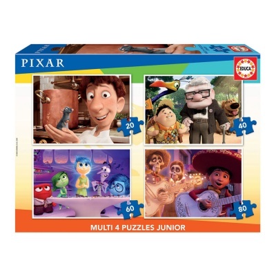 Caixa colorida de 4 puzzles junior da Pixar com diferentes números de peças e imagens de filmes