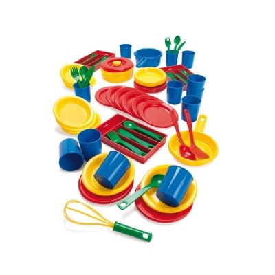 Brinquedo de louça para crianças em plástico colorido com vários utensílios