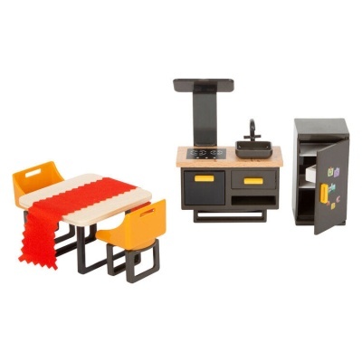 Conjunto de móveis de cozinha em miniatura para brinquedo com mesa, cadeiras, fogão, pia e armário.