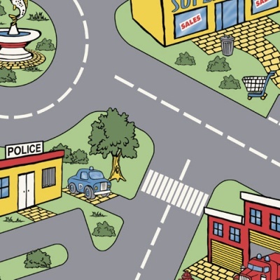 Desenho animado de cruzamento com edifícios polícia, loja e estrada