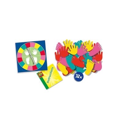 Jogo de tabuleiro com peças coloridas em forma de mãos e roda giratória