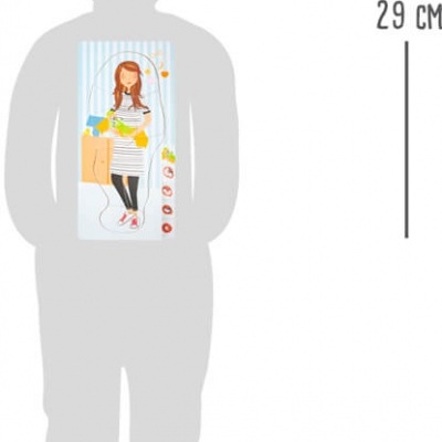 Ilustração de rapariga em vestido às riscas num contorno cinzento de criança